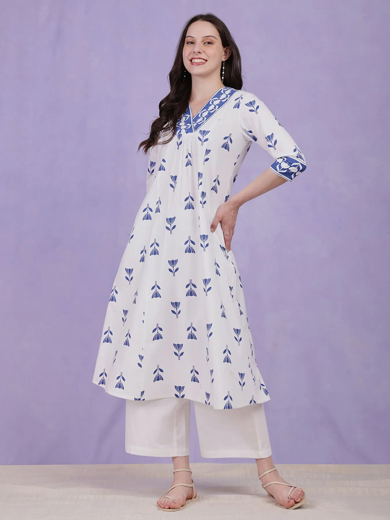 Cotton Floral A Line Kurta - Blue & White