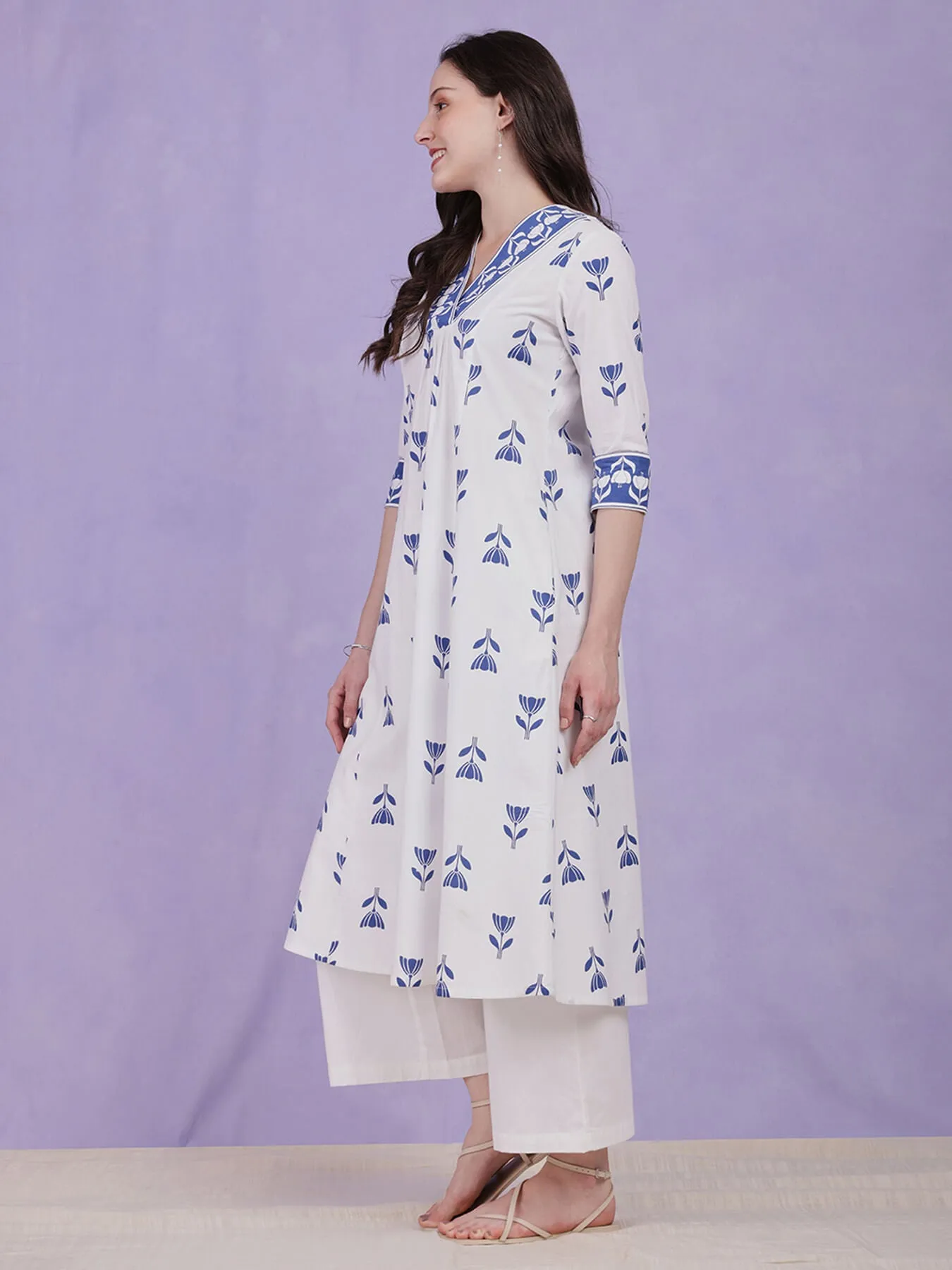 Cotton Floral A Line Kurta - Blue & White