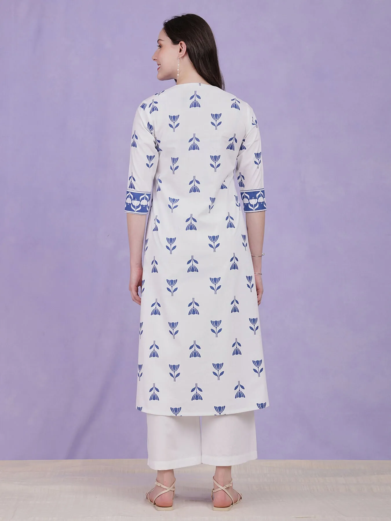 Cotton Floral A Line Kurta - Blue & White