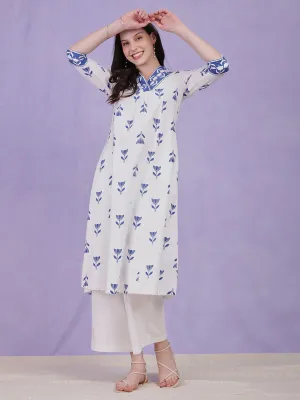 Cotton Floral A Line Kurta - Blue & White
