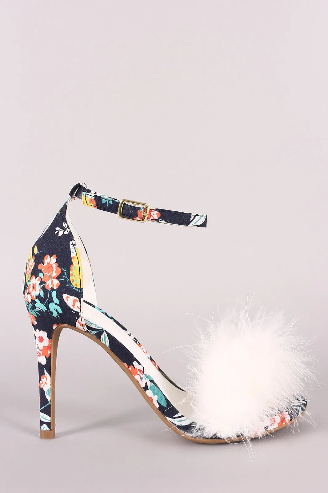 Feather Floral Print Ankle Strap Open Toe Stiletto Heel