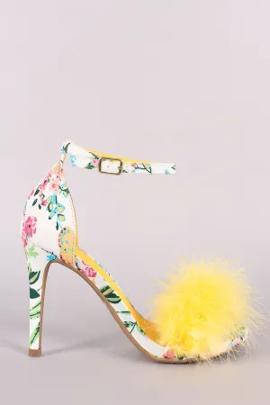Feather Floral Print Ankle Strap Open Toe Stiletto Heel
