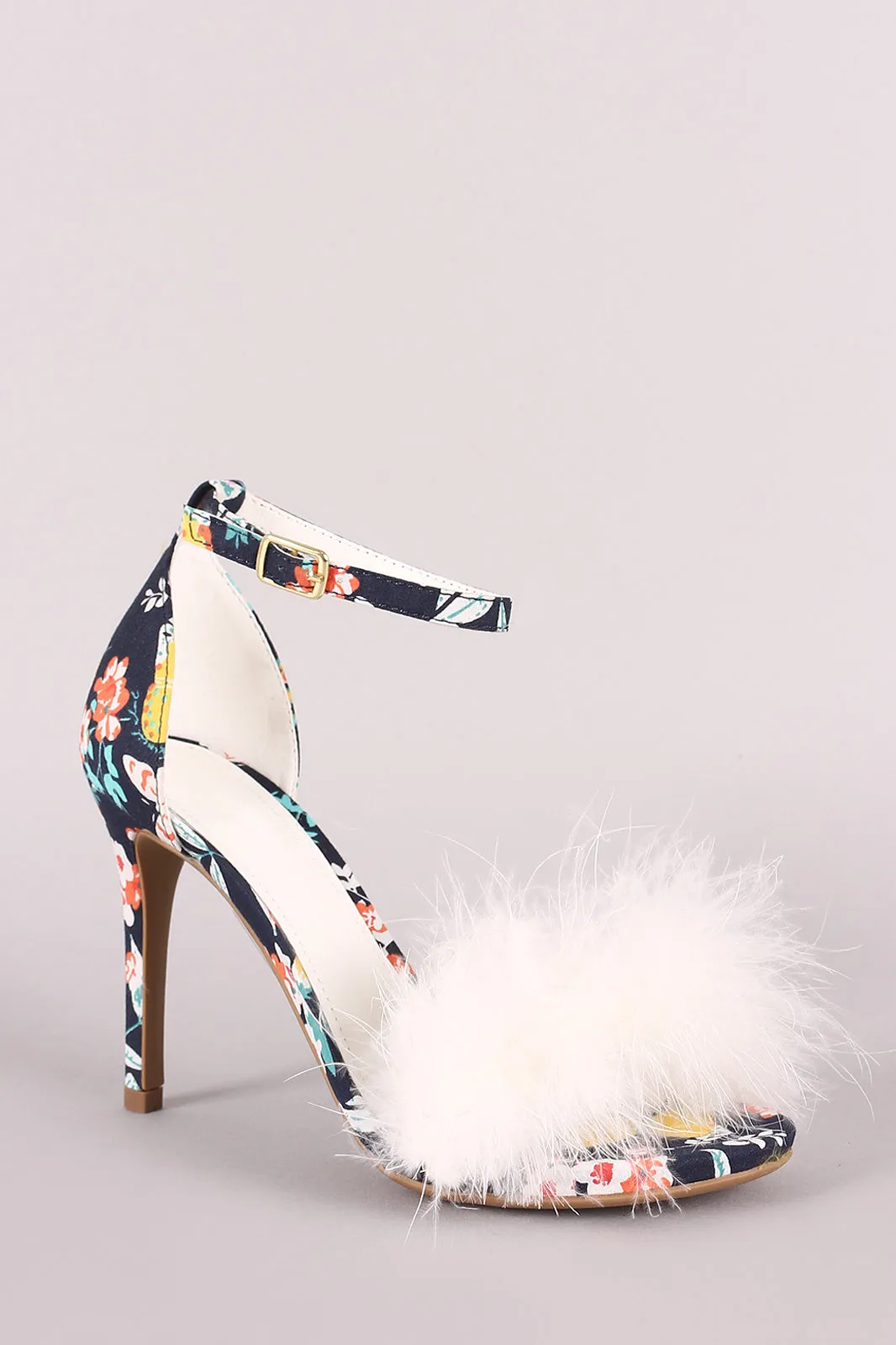 Feather Floral Print Ankle Strap Open Toe Stiletto Heel