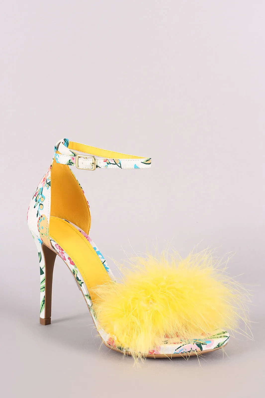 Feather Floral Print Ankle Strap Open Toe Stiletto Heel