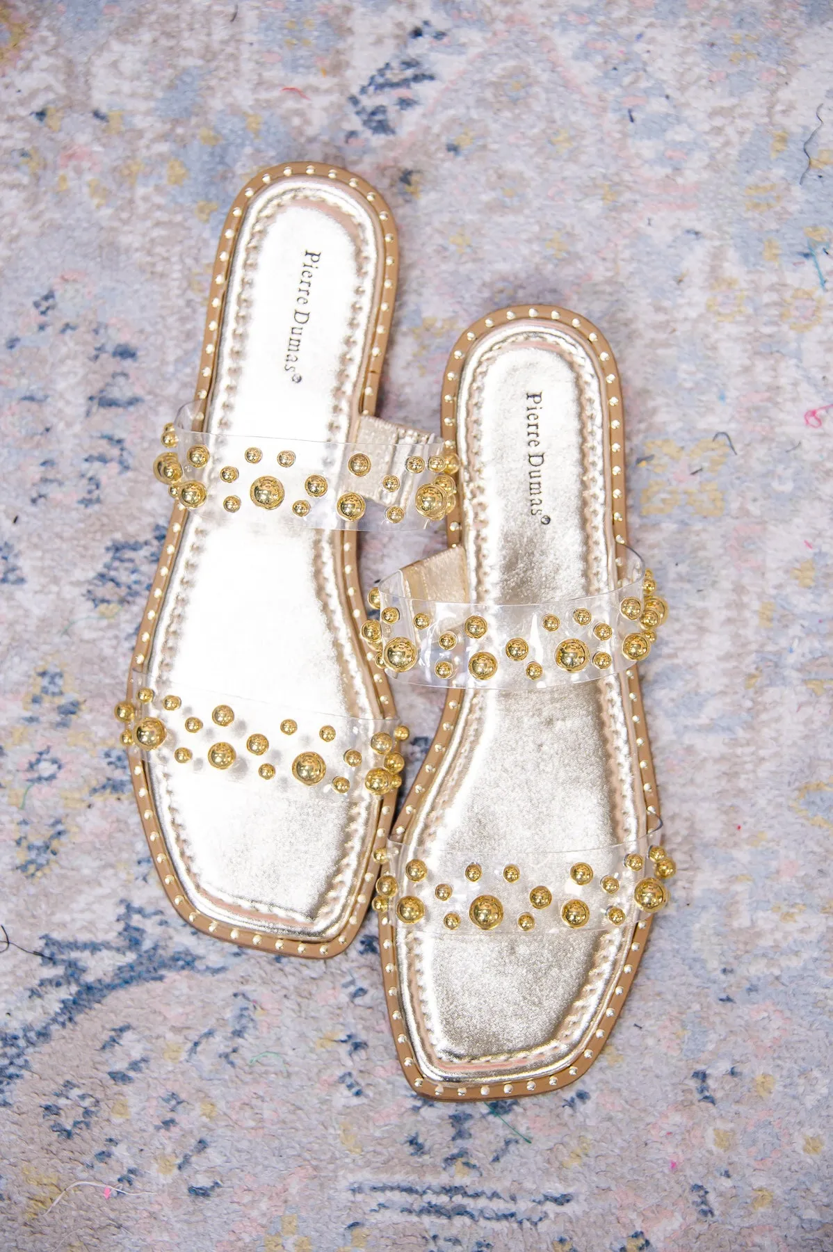 Flawless Appeal Gold/Clear Studded Slip-On Sandals - SHO2591GD