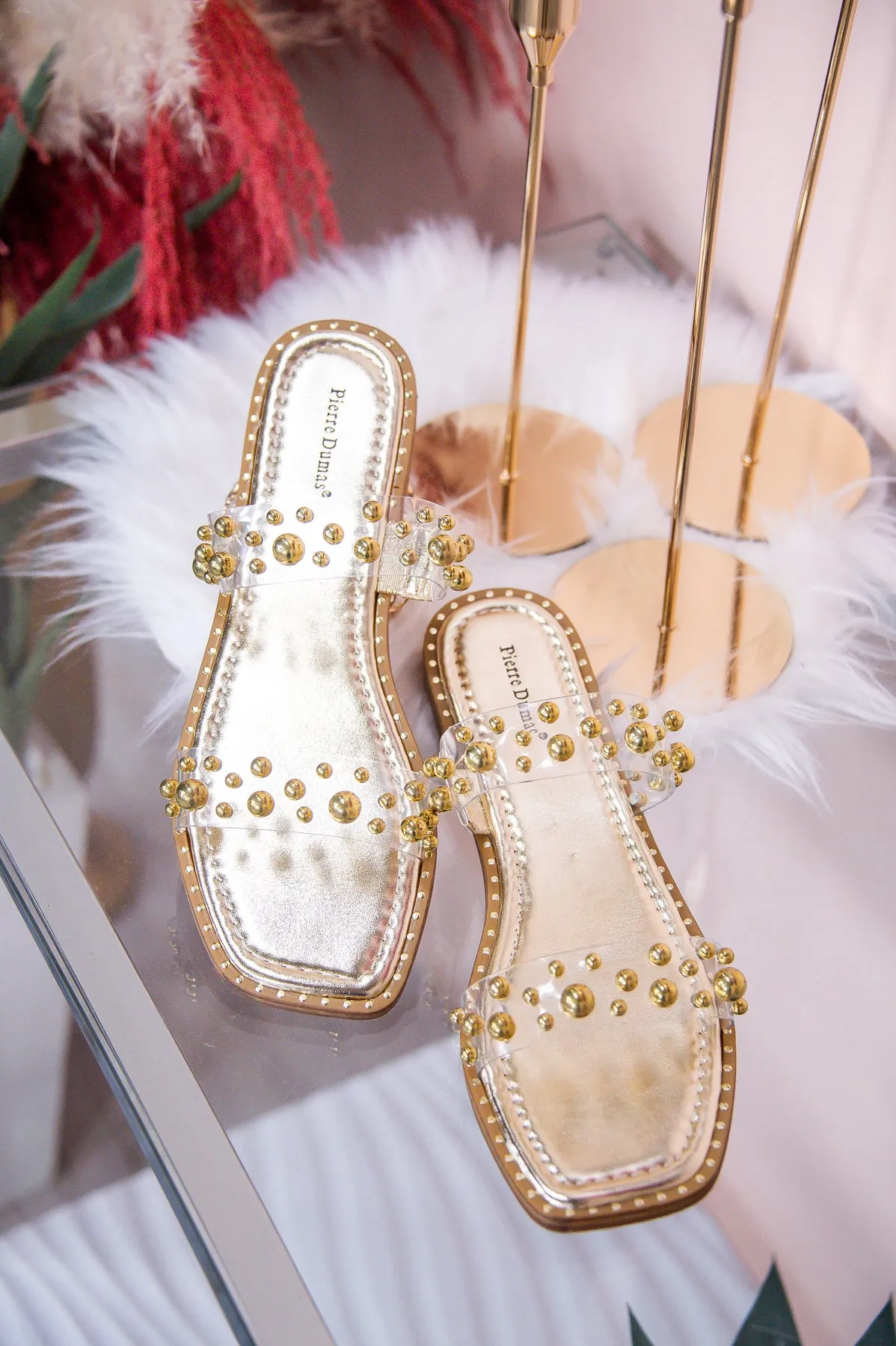 Flawless Appeal Gold/Clear Studded Slip-On Sandals - SHO2591GD