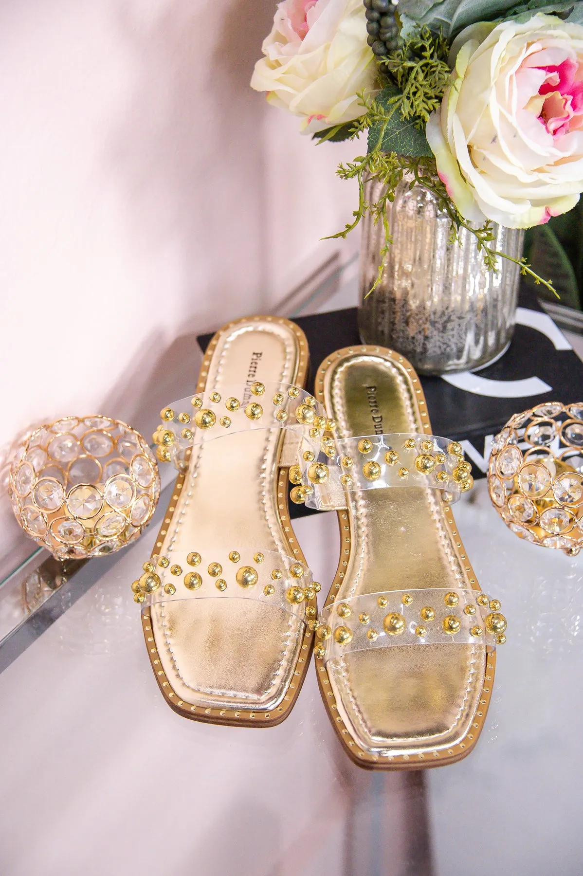 Flawless Appeal Gold/Clear Studded Slip-On Sandals - SHO2591GD
