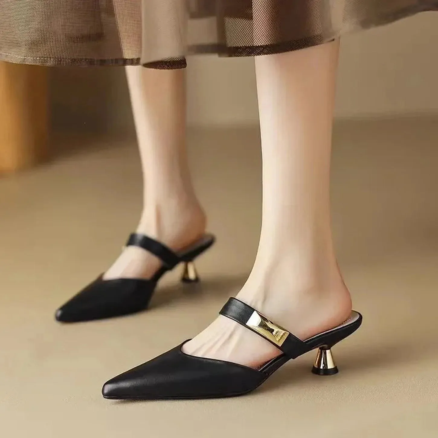 Merendy Ebard pointed toe slip-on minimalism kitten heels Mules
