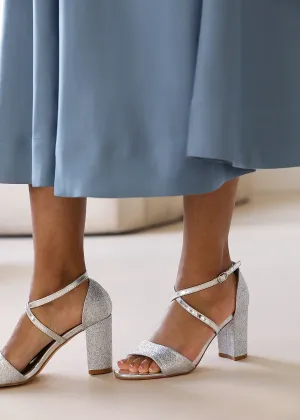 RUTH WIDE FIT HIGH BLOCK HEEL SANDALS WITH CROSS OVER ANKLE STRAP IN SILVER GLITTER
