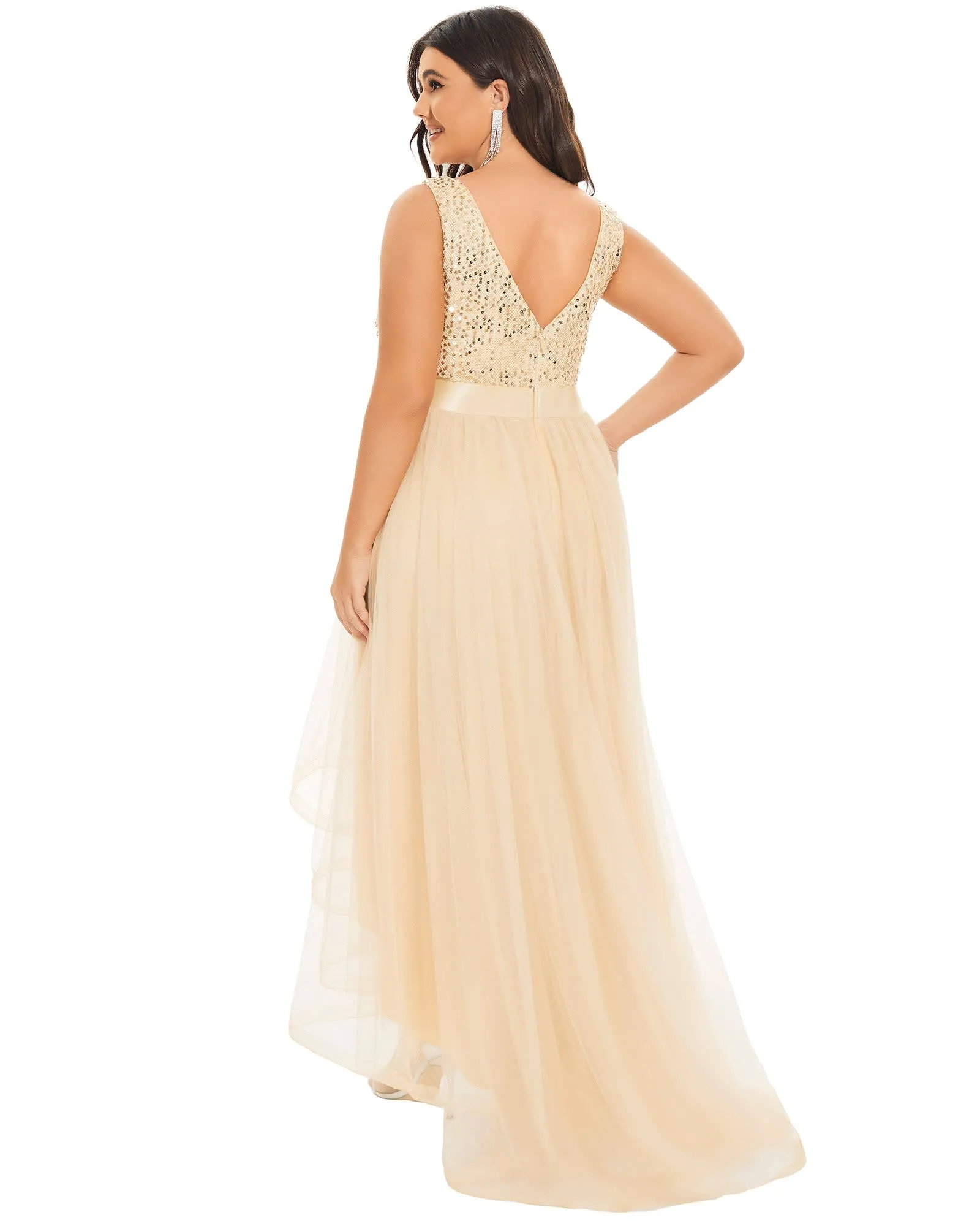 Sleeveless Sequin Ribbon Waist Tulle High Low Evening Dress | Gold