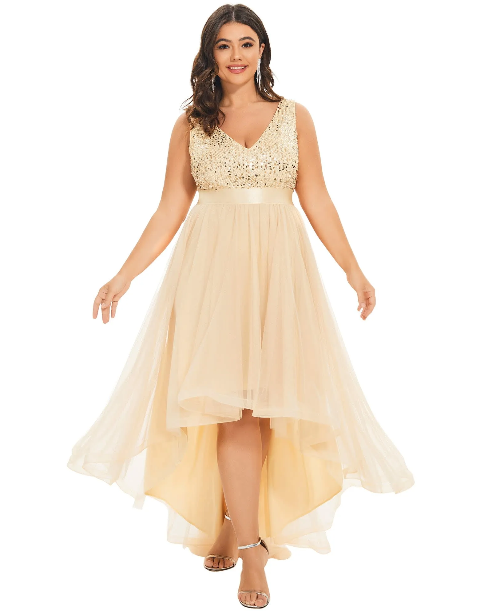 Sleeveless Sequin Ribbon Waist Tulle High Low Evening Dress | Gold