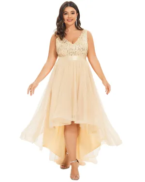 Sleeveless Sequin Ribbon Waist Tulle High Low Evening Dress | Gold