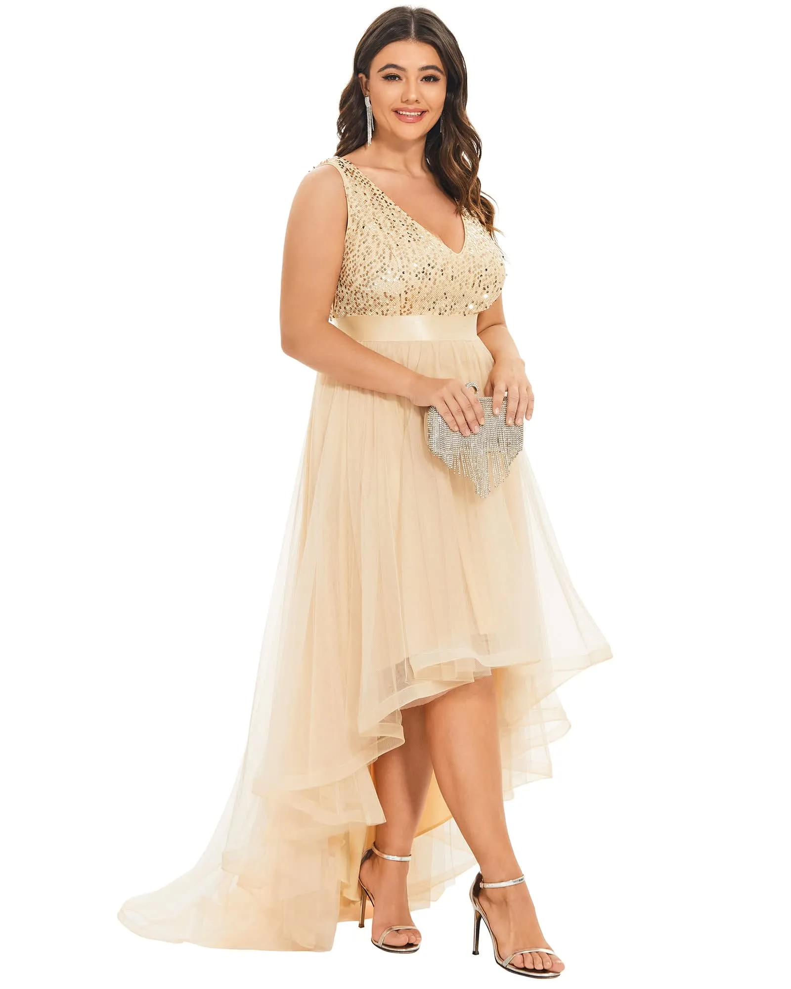 Sleeveless Sequin Ribbon Waist Tulle High Low Evening Dress | Gold