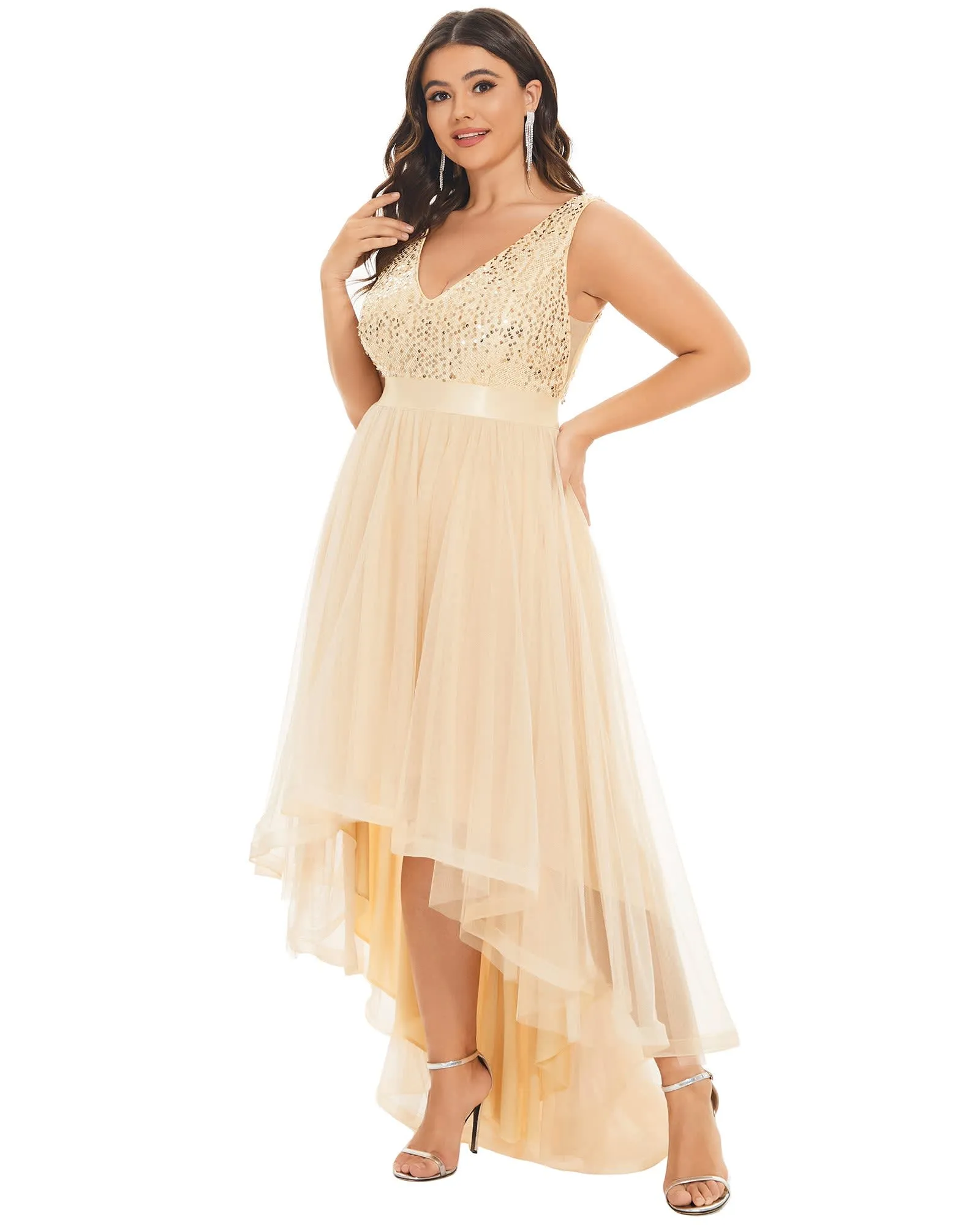Sleeveless Sequin Ribbon Waist Tulle High Low Evening Dress | Gold