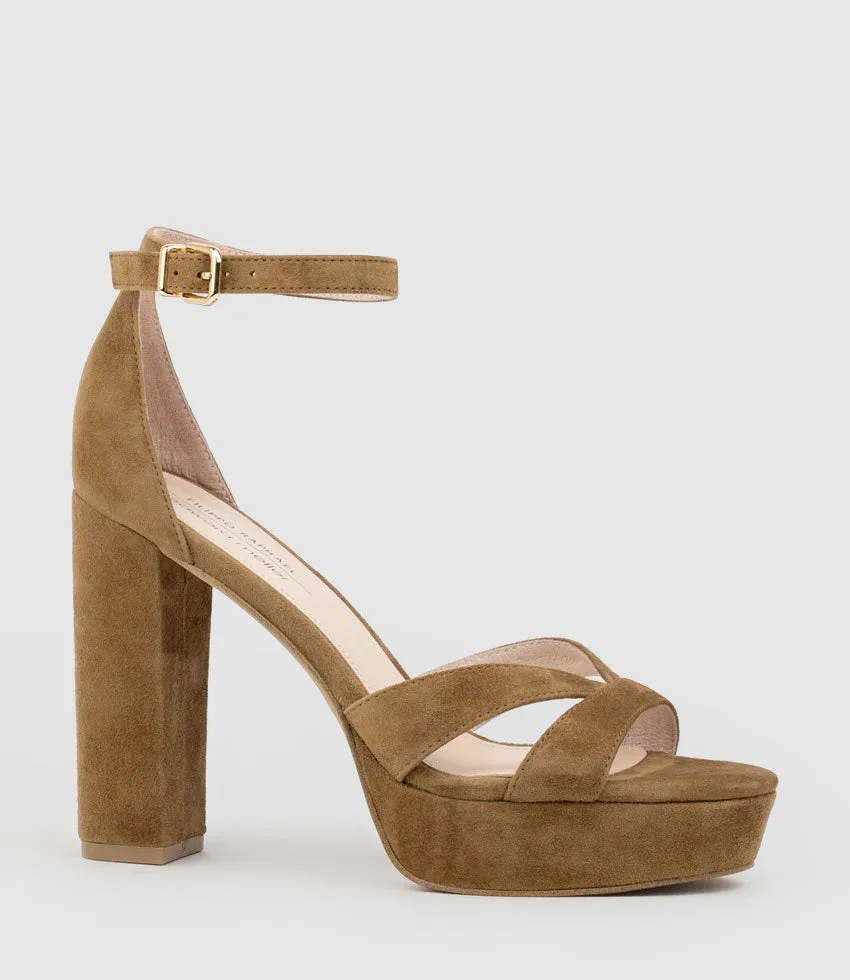 SLOANE110 Platform Sandal in Tawny Suede