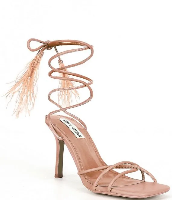 Steve Madden Bryden Tan Lace Up Open Toe Feather Detailed Stiletto Heeled Sandal