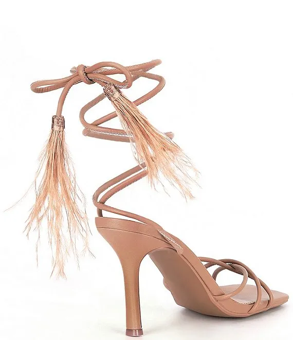 Steve Madden Bryden Tan Lace Up Open Toe Feather Detailed Stiletto Heeled Sandal