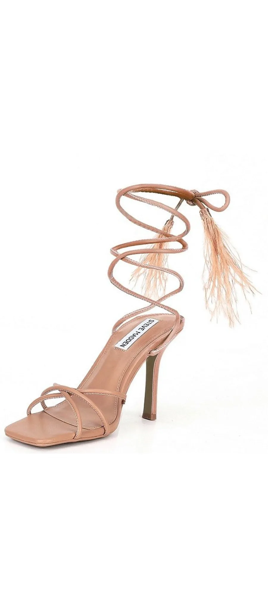 Steve Madden Bryden Tan Lace Up Open Toe Feather Detailed Stiletto Heeled Sandal
