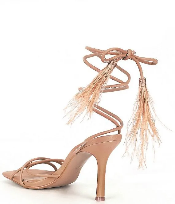 Steve Madden Bryden Tan Lace Up Open Toe Feather Detailed Stiletto Heeled Sandal