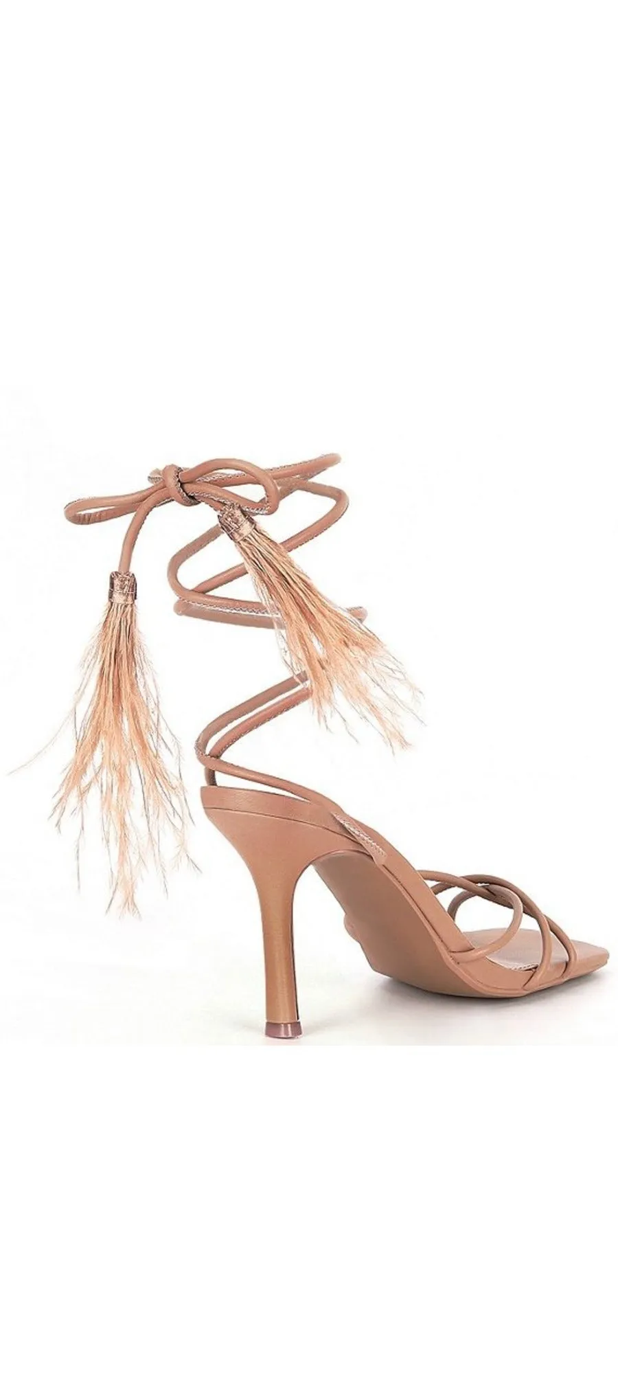 Steve Madden Bryden Tan Lace Up Open Toe Feather Detailed Stiletto Heeled Sandal
