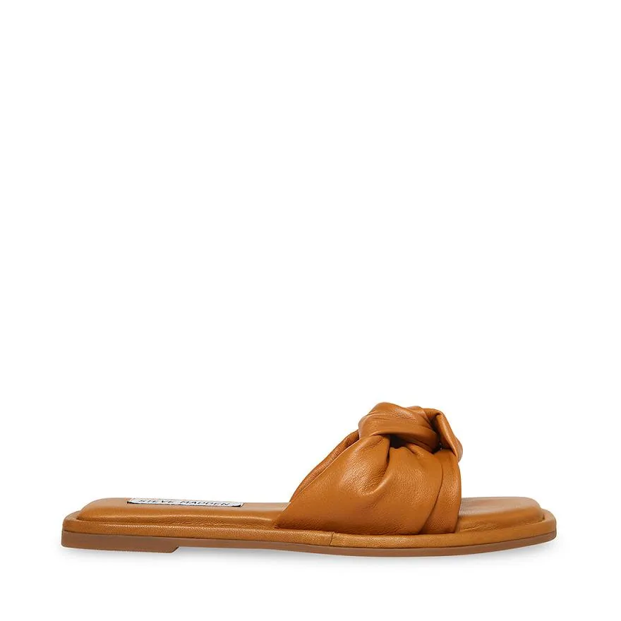 Steve Madden Tatiana Cognac Flat Heel Knot Straps Squared Toe Slip On Sandals