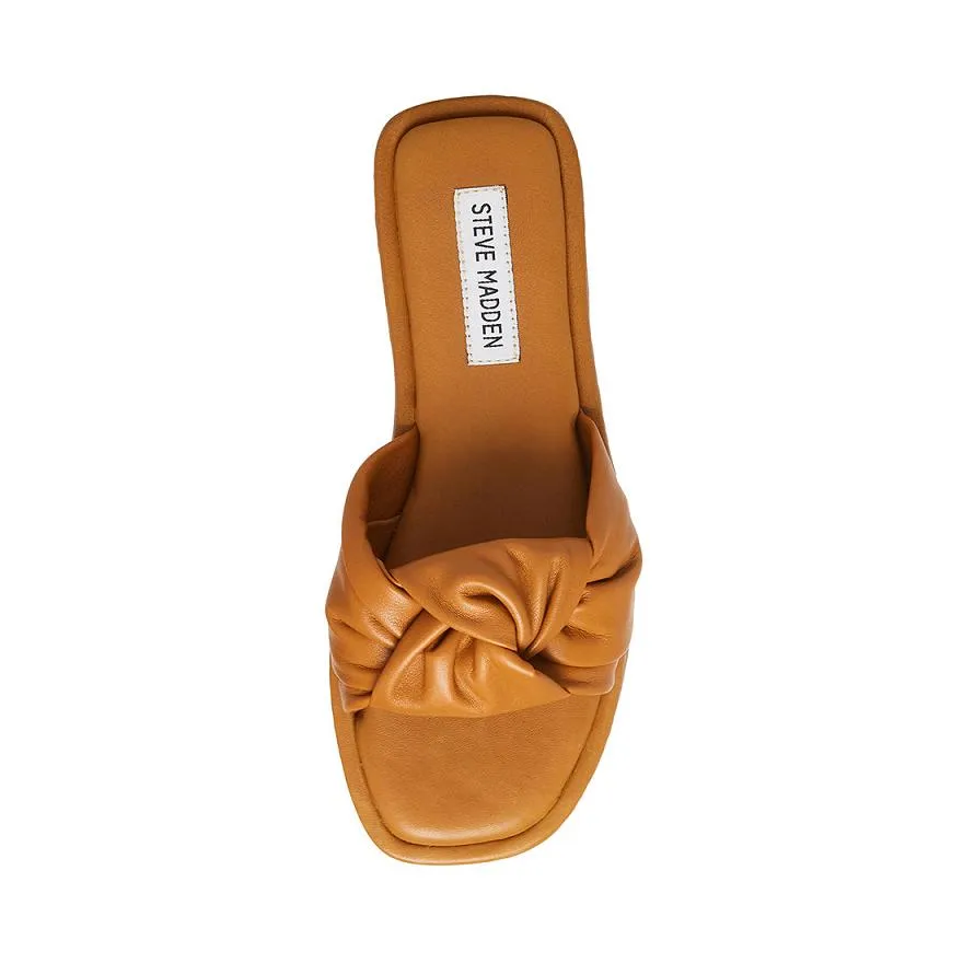 Steve Madden Tatiana Cognac Flat Heel Knot Straps Squared Toe Slip On Sandals
