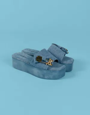 Teddy buckle denim platform sandals