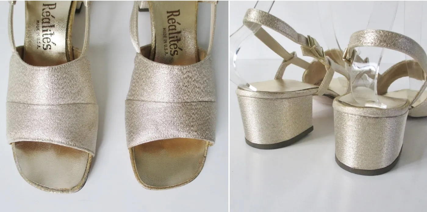 Vintage 60s Gold Lam Wide Heel Party Shoes 8