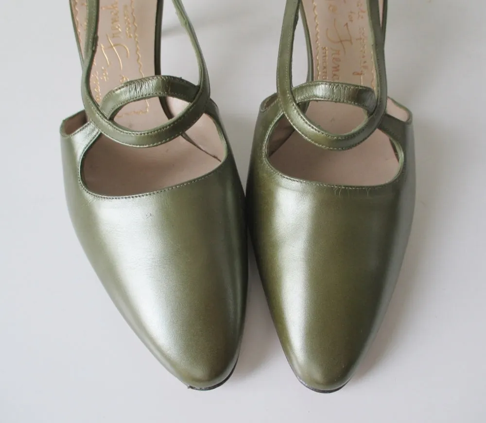 Vintage 60's Pearl Green Leather Slingback Heels Shoes 8.5