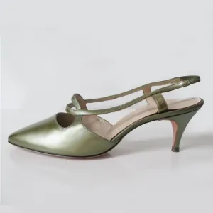 Vintage 60's Pearl Green Leather Slingback Heels Shoes 8.5