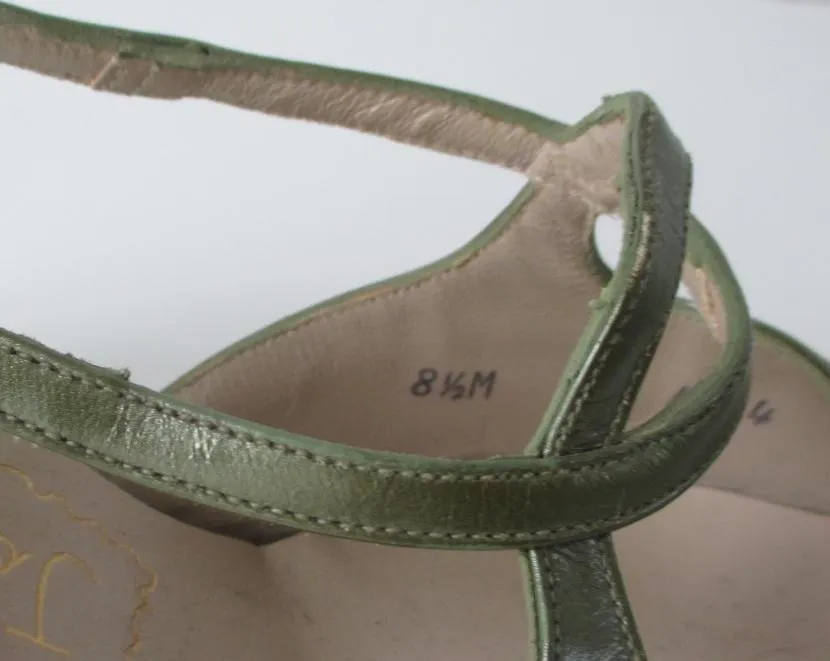 Vintage 60's Pearl Green Leather Slingback Heels Shoes 8.5