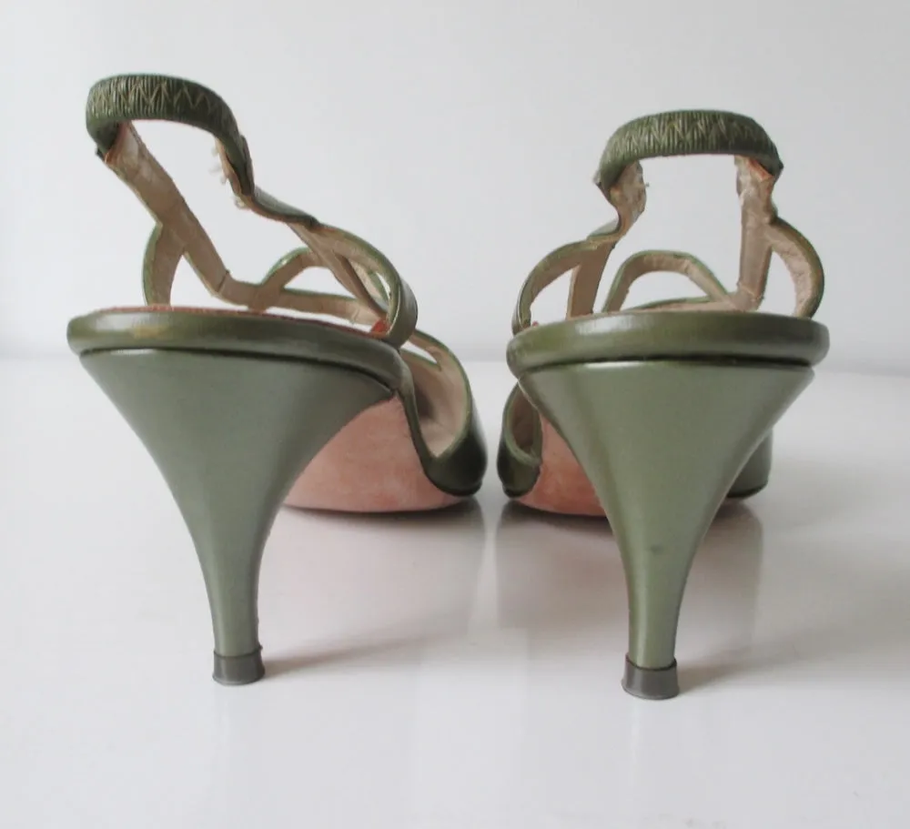 Vintage 60's Pearl Green Leather Slingback Heels Shoes 8.5