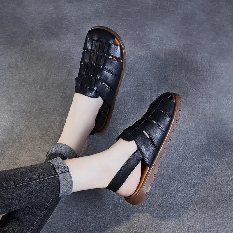 Women Retro Minimalist Leather Soft Flat Sandals