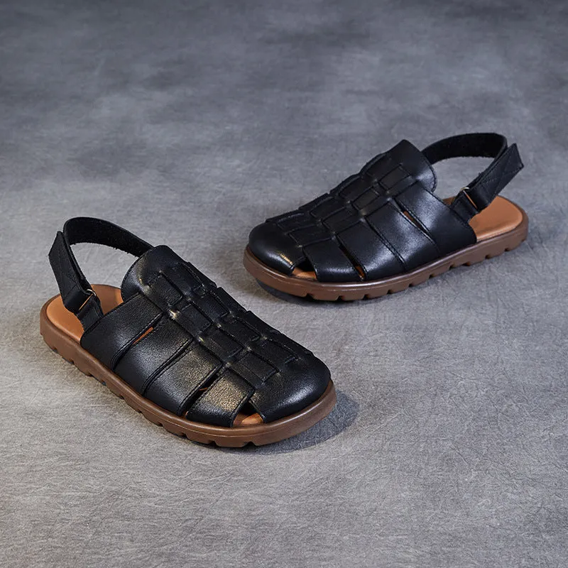 Women Retro Minimalist Leather Soft Flat Sandals