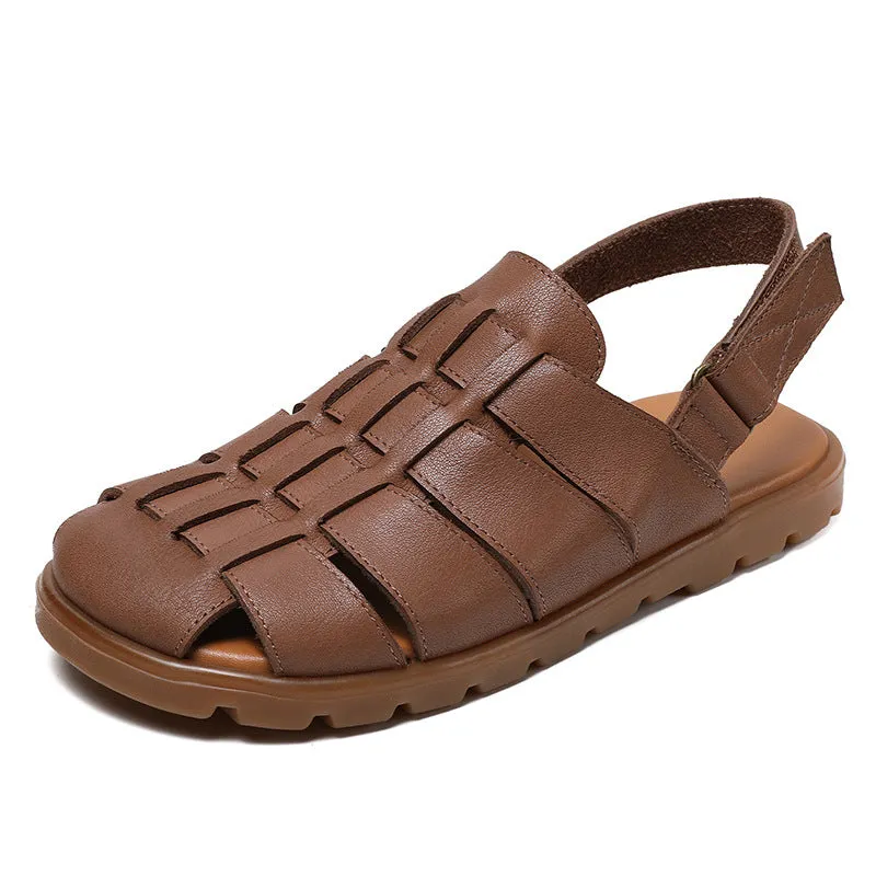 Women Retro Minimalist Leather Soft Flat Sandals