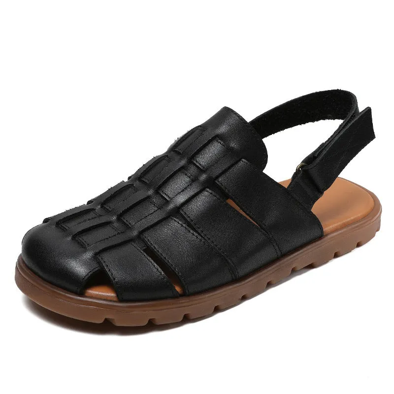 Women Retro Minimalist Leather Soft Flat Sandals