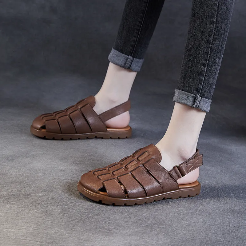 Women Retro Minimalist Leather Soft Flat Sandals