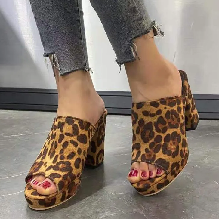 Women's peep toe chunky high heels mules summer casual slip on heels