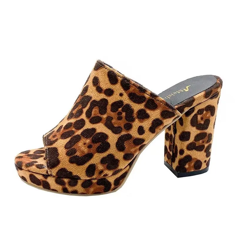 Women's peep toe chunky high heels mules summer casual slip on heels