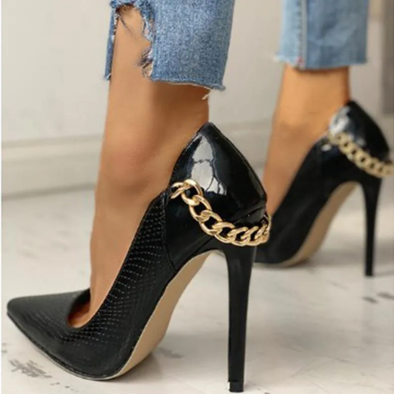 Women's sexy metal chain d¨¦cor high heels pointed closed toe stilettos